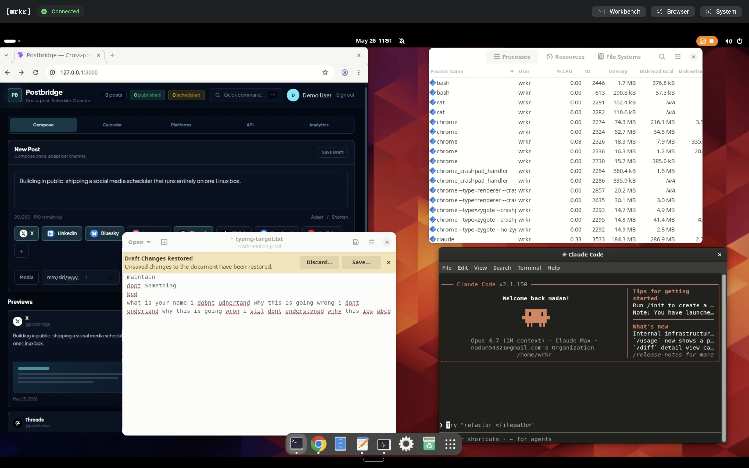wrkr cloud desktop, real Linux with your own AI coding tool inside